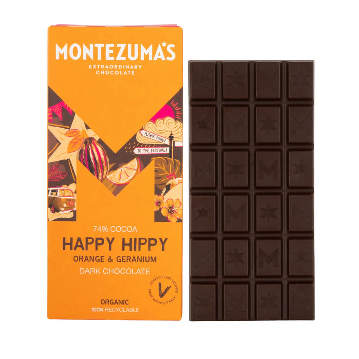 MONTEZUMAS Happy Hippy Dark Choco with Orange & Geranium 90g